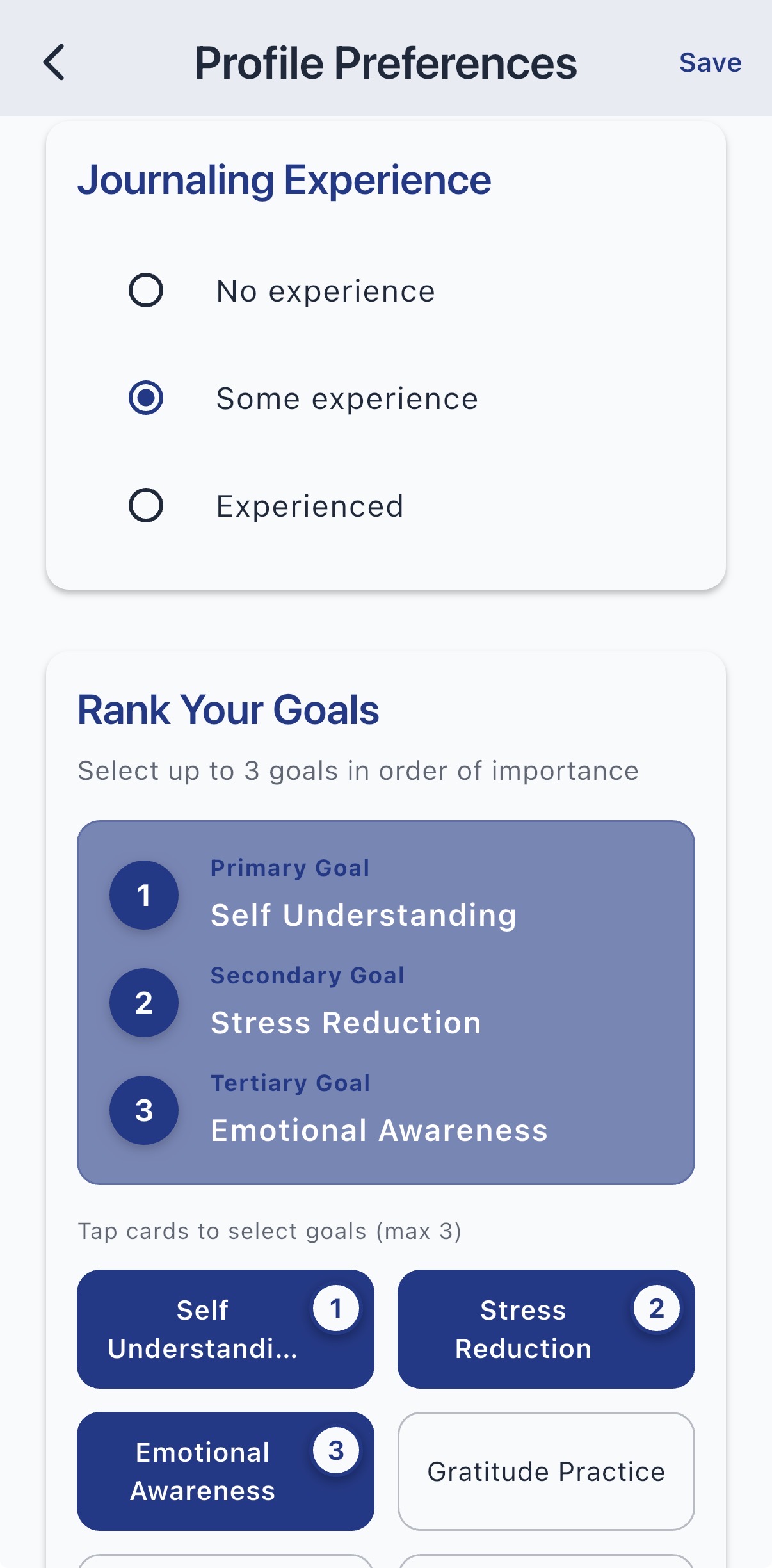 Profile preferences and goals