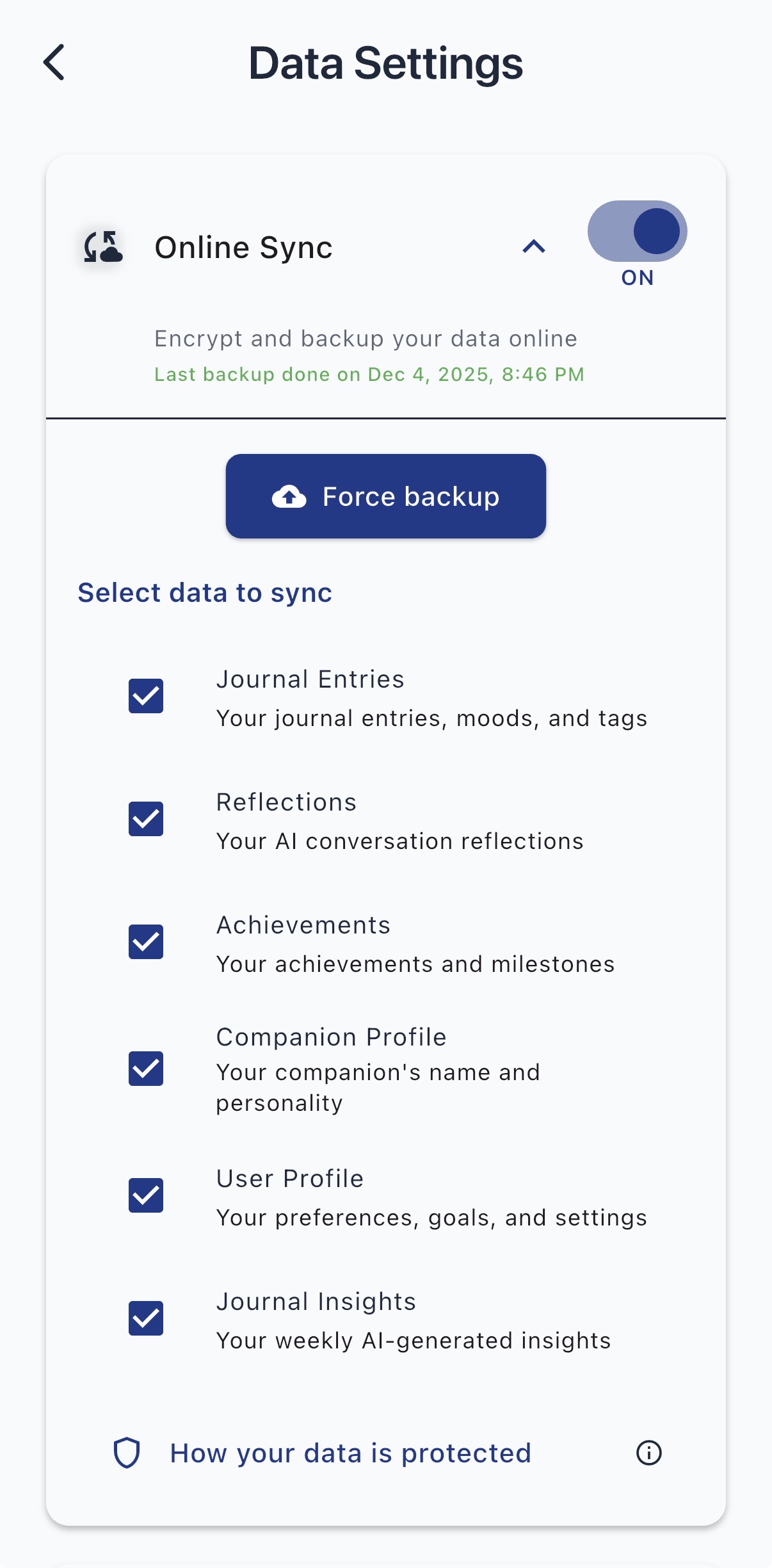 Encrypted data backup settings